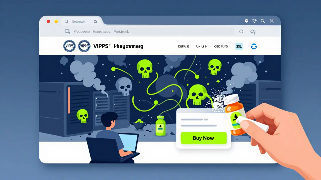 Fake online pharmacy website with hidden toxic symbols beneath a professional interface, a user clicking to buy pills unknowingly.