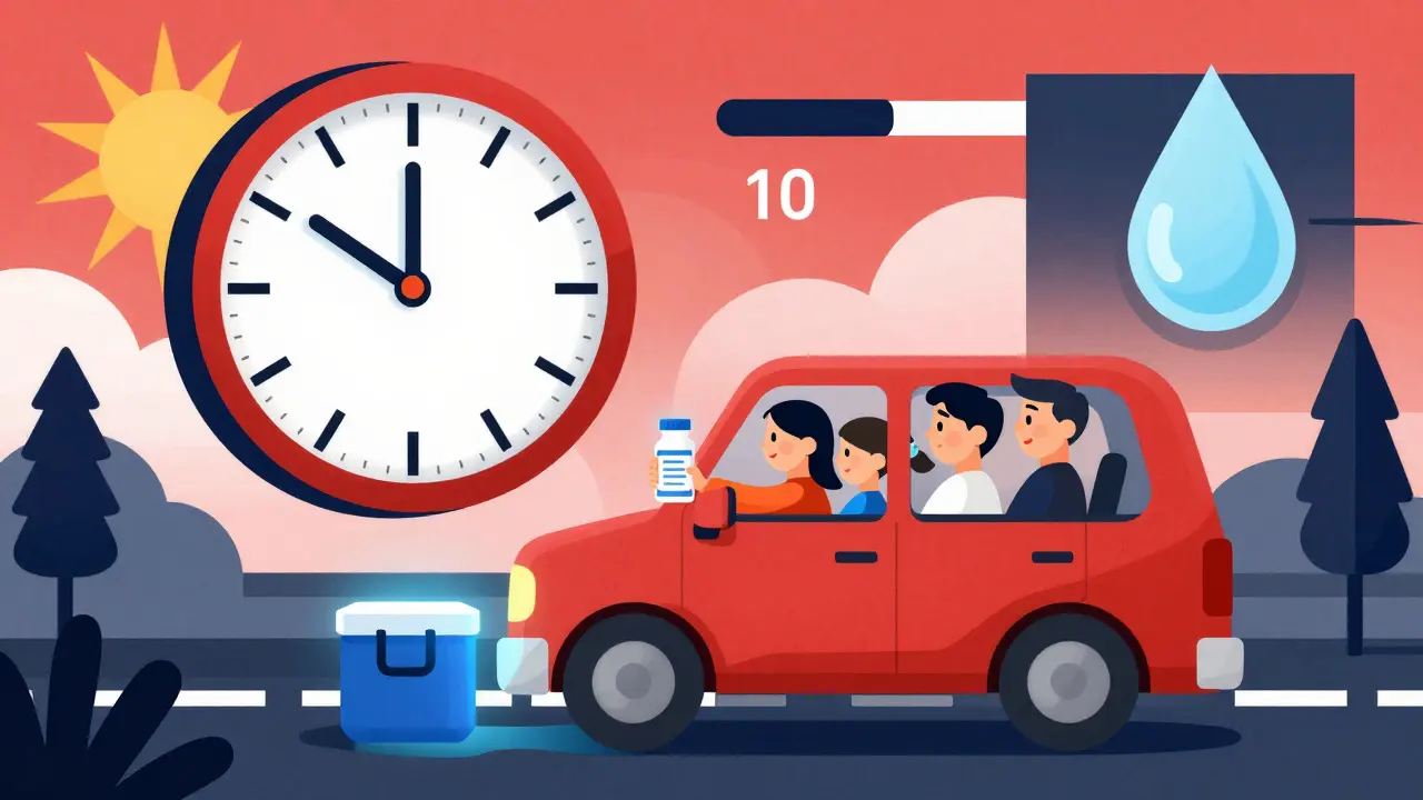 Family in car with insulated cooler holding antibiotic, floating clock at day 10, geometric symbols of proper storage.