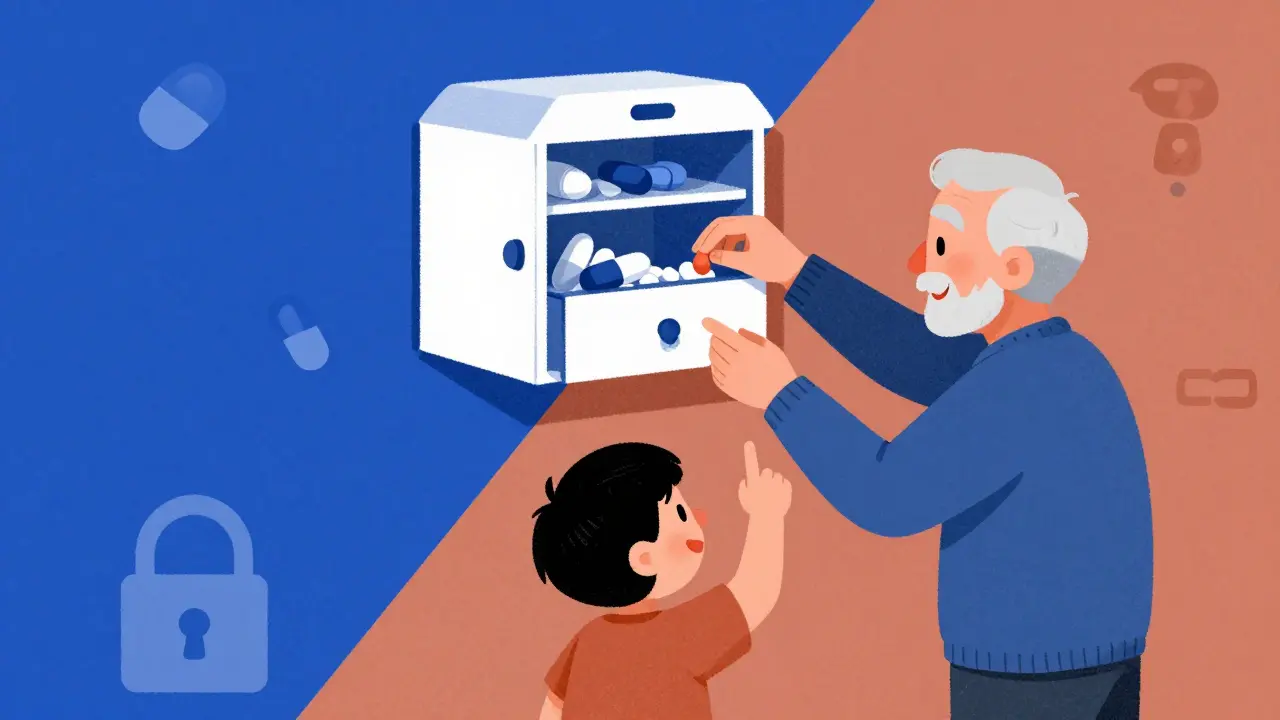 Family placing medicine in a locked box on a high closet shelf.