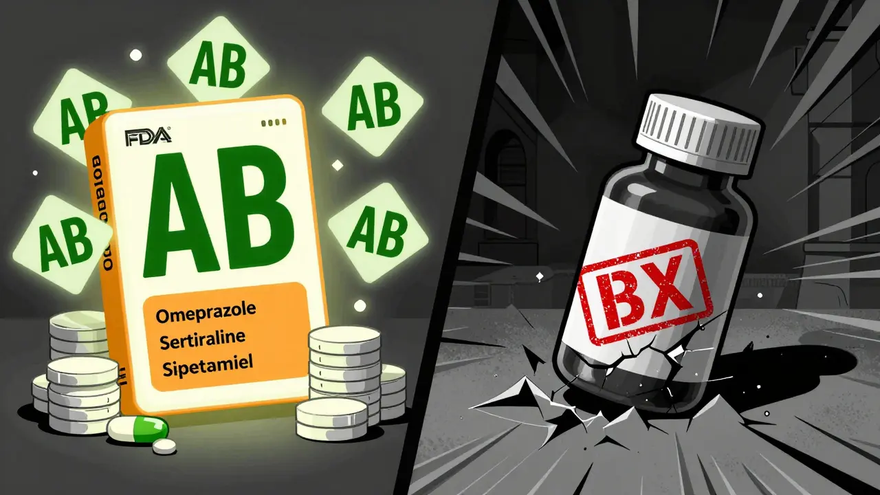 FDA Orange Book showing AB-rated generics versus cracked brand-name drug