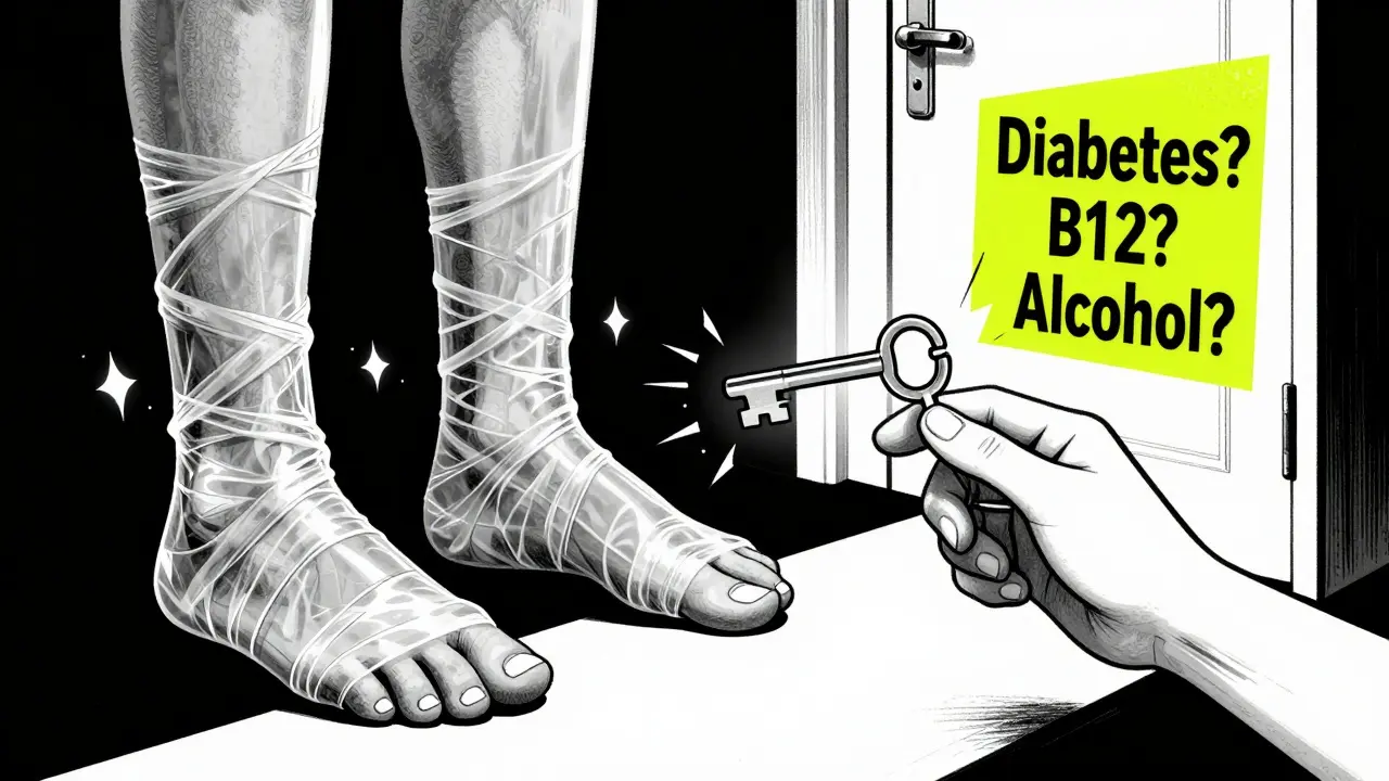 Feet wrapped in plastic symbolizing numbness, beside a statin pill turning into a key pointing to possible causes like diabetes or B12 deficiency.