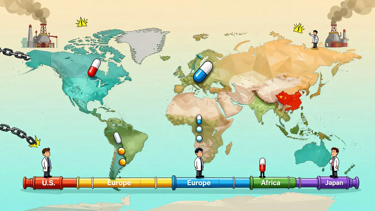 Global map with generic drug pipelines flowing from India and China to countries worldwide, doctors at each end reacting differently.