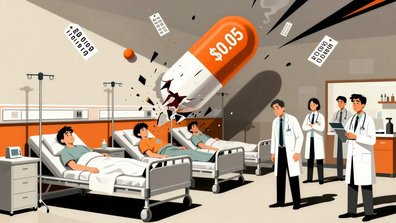 Hospital patients with empty IV poles as a crumbling low-cost pill shatters above them.