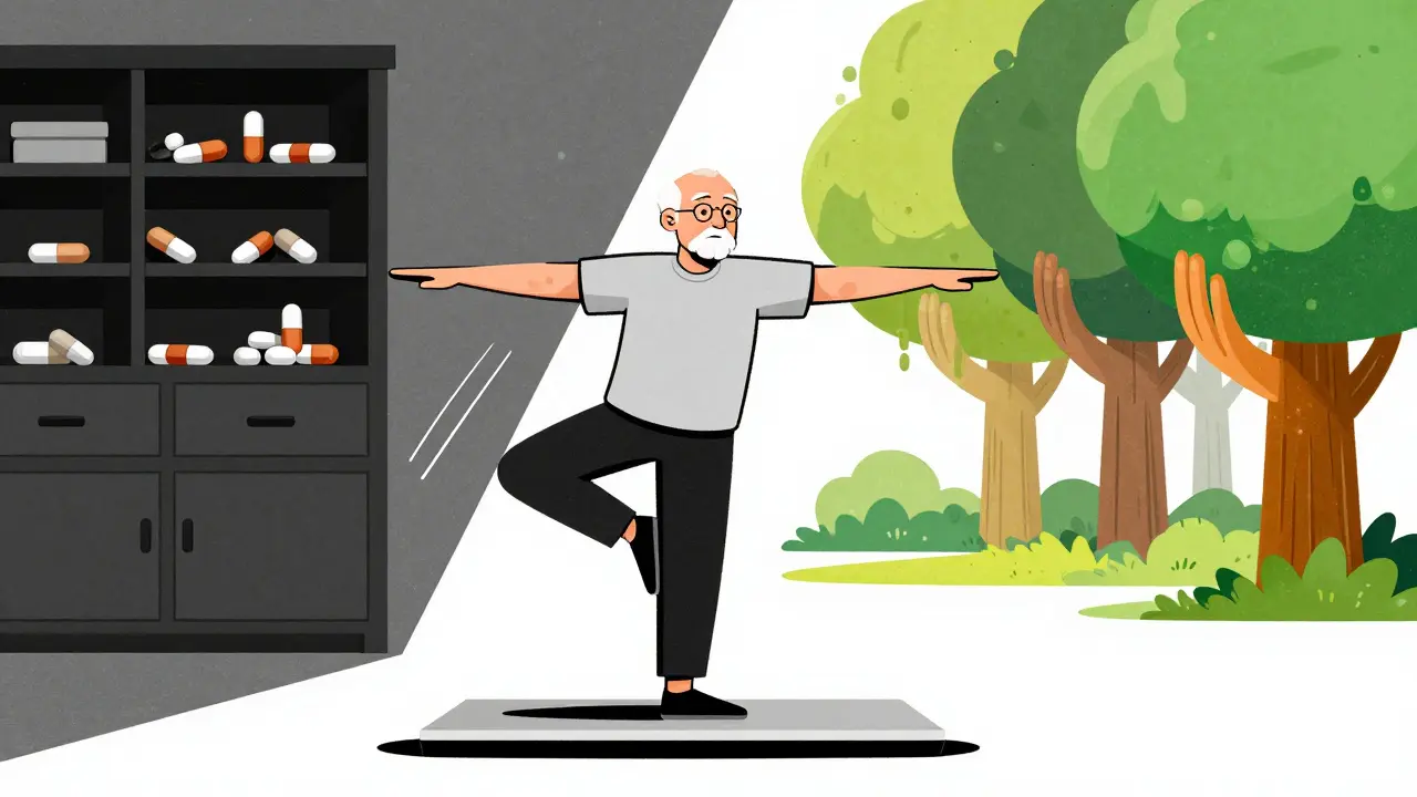 Older adult balancing on platform, split scene shows dangerous meds vs. safe outdoor activity.