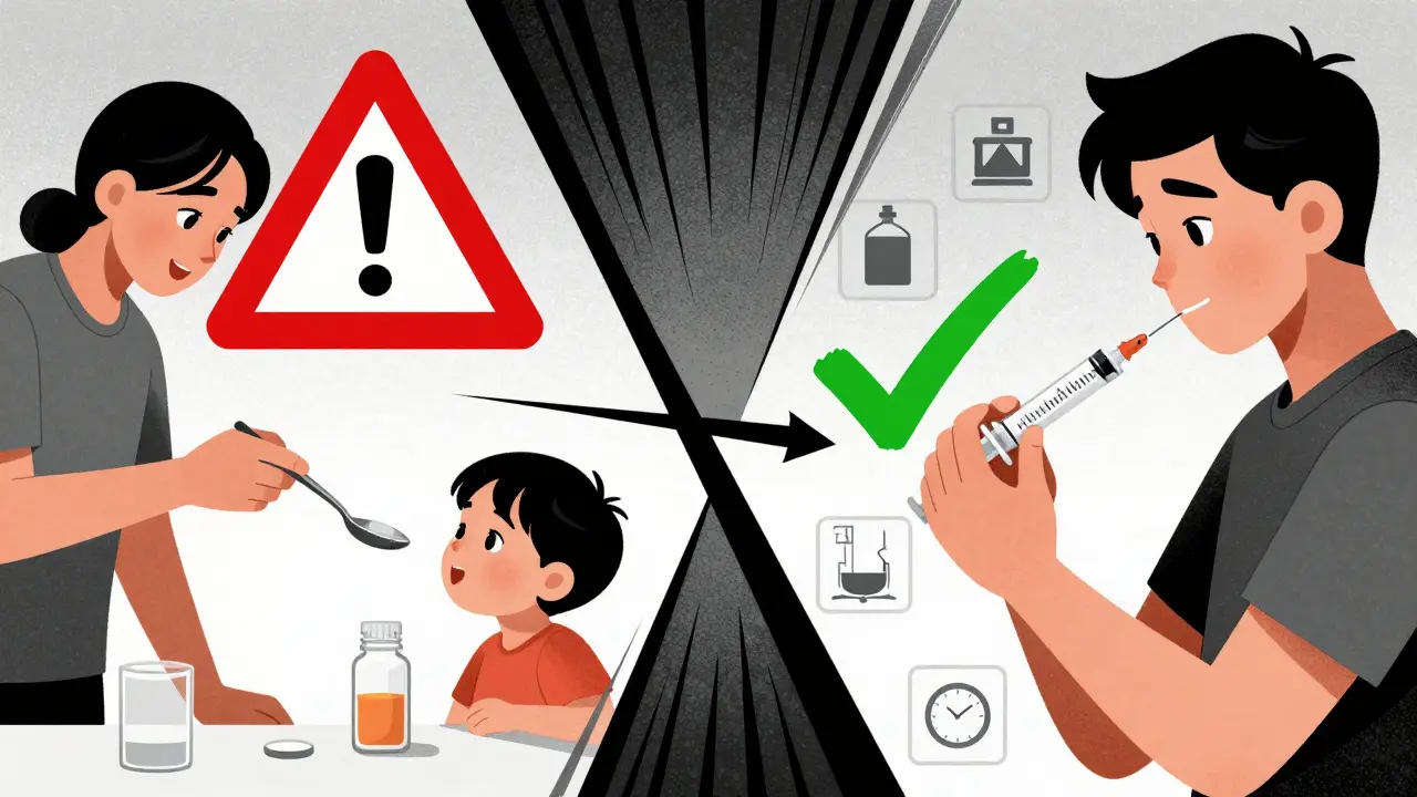 Parent using a spoon vs. oral syringe to dose child’s medicine, with warning and safety symbols.