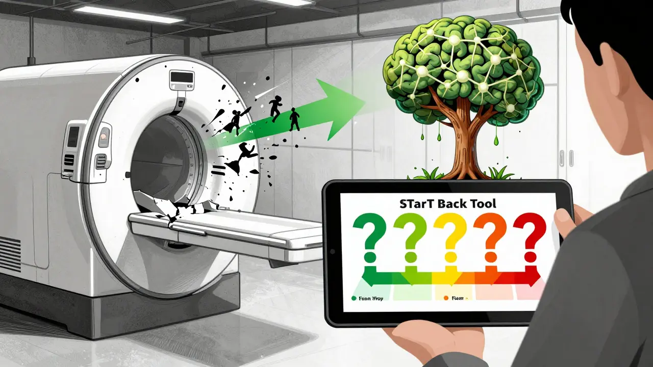 Patient with STarT Back Tool tablet, neural tree growing as MRI machines break apart in background.