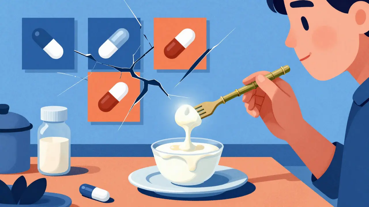 Person eating yogurt with bamboo fork as zinc tablet dissolves above plate, with drug icons in background, Constructivist illustration.