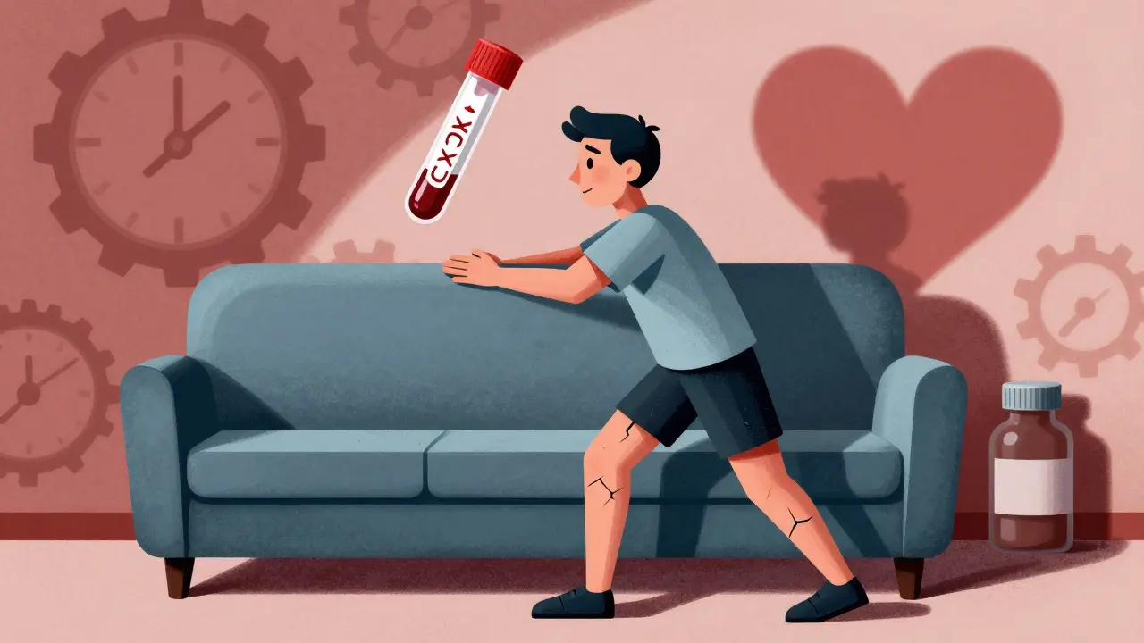 Person struggling to stand from a couch, thighs shown as cracked blocks, with a floating blood test tube indicating elevated CK levels.