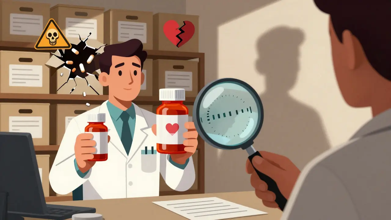 Pharmacist comparing real and fake pills under a magnifying glass, with dangerous symbols emerging from cracked medicine crates.