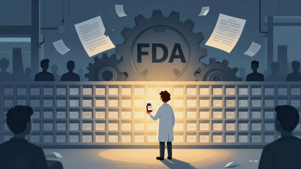 Pharmacist holding a lone pill bottle before a wall of empty slots, with a useless FDA gear in background.