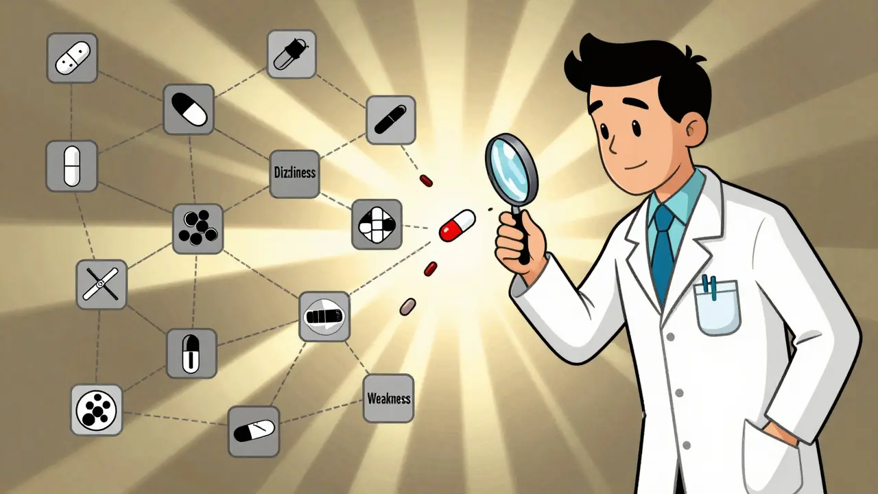 Pharmacist removing a risky pill from a medication web, danger blocks dissolving into light.