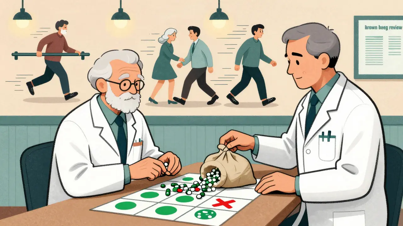 Pharmacist reviewing meds from a bag, pills sorting into safe and dangerous categories with safety symbols.