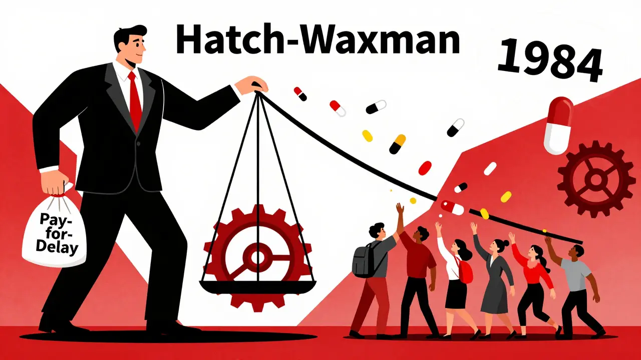 Scale tipping between corporate pay-for-delay bag and patients receiving generic pills.