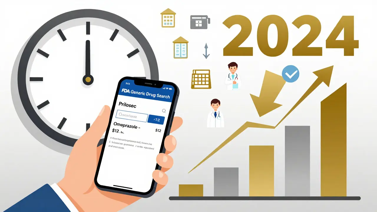 Smartphone showing generic drug search result with 2024 healthcare icons