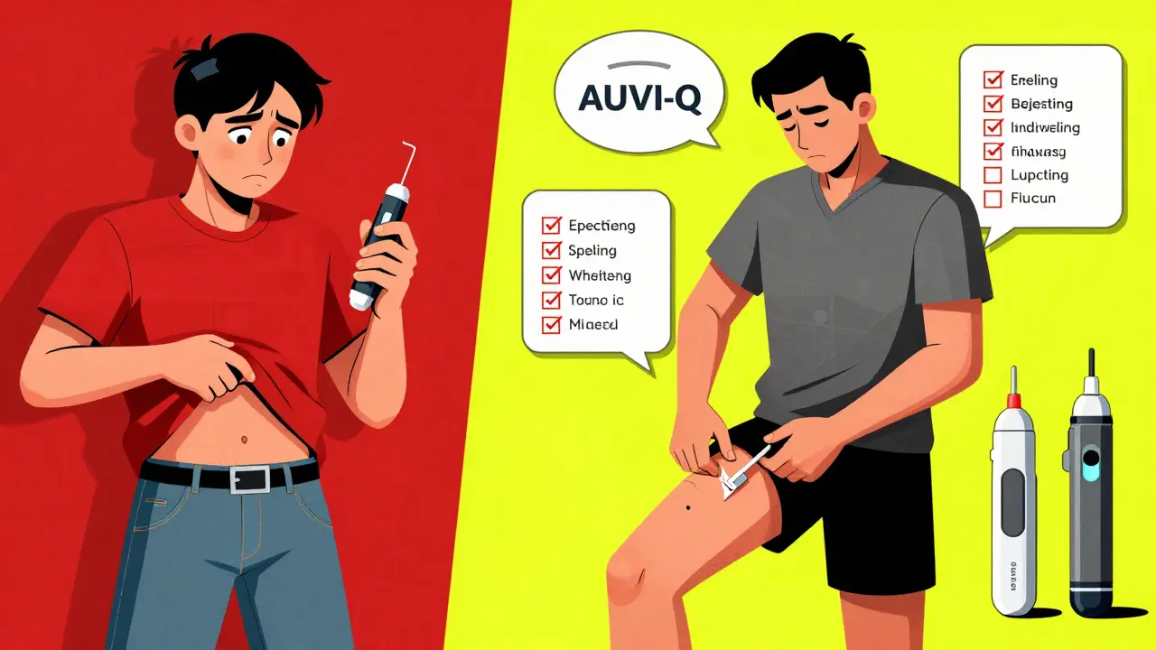 Split illustration: wrong vs. correct epinephrine injection, with icons showing symptoms and device types in bold Constructivist style.
