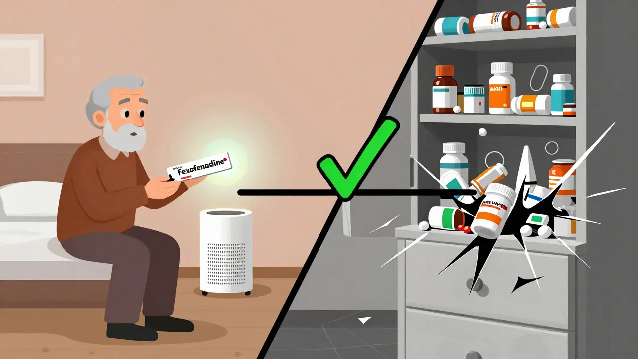 Split image: safe fexofenadine use with HEPA filter vs chaotic medicine cabinet filled with risky pills.