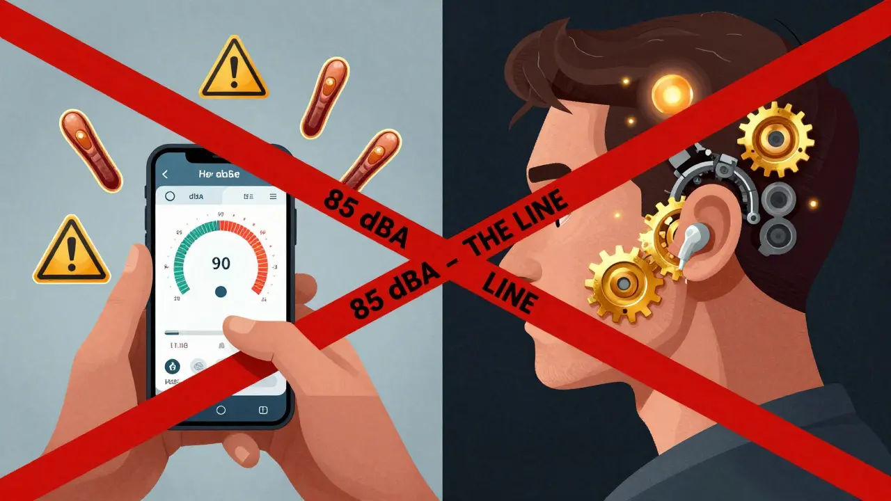 Split scene: smartphone showing 90 dBA with damaged ear cells vs. same person protected with healthy cells and 85 dBA line.