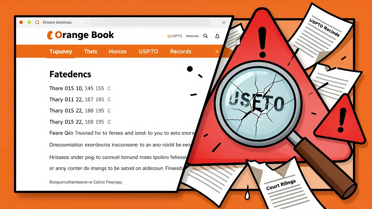 Split-screen of Orange Book data with warning signs and torn legal documents