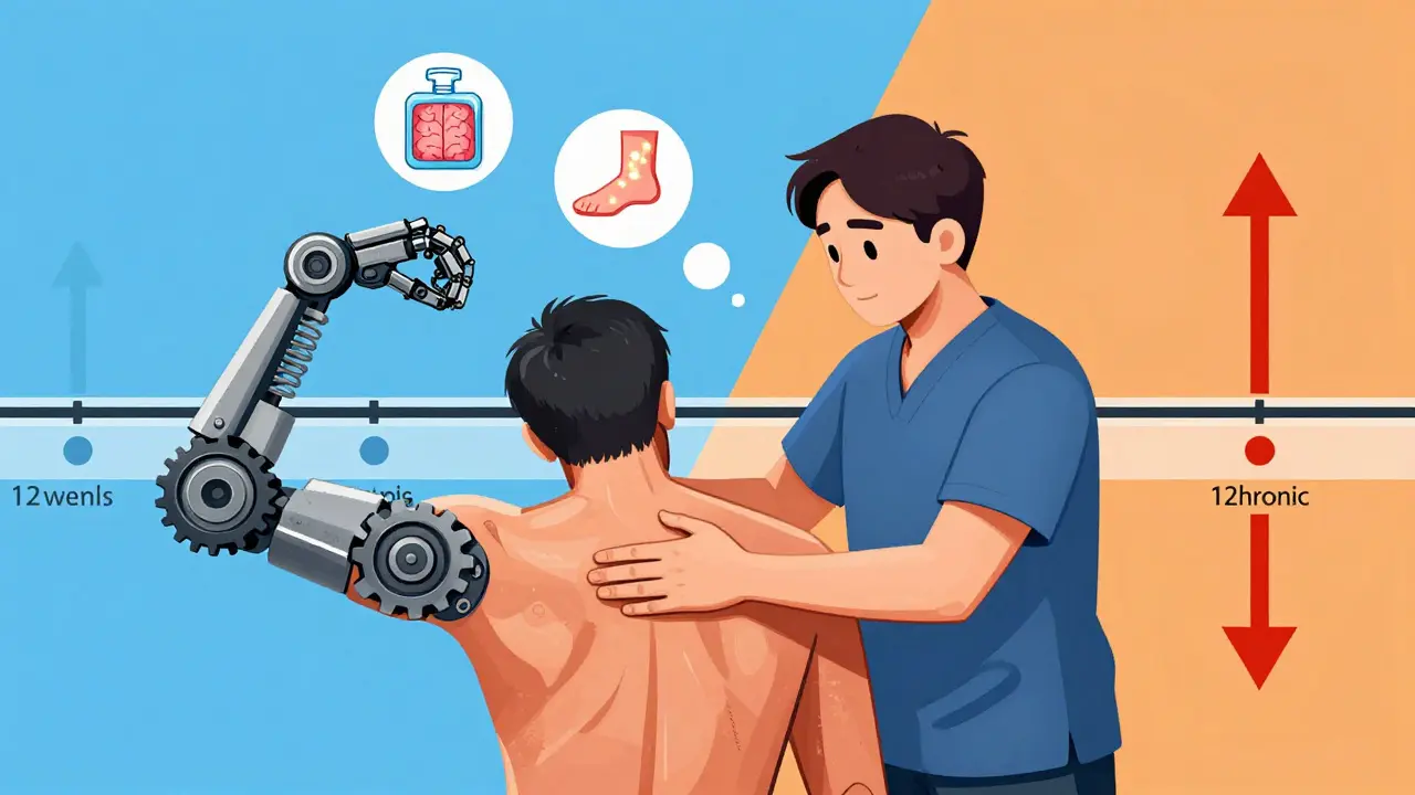 Therapist using mechanical arms to guide stretch, with floating icons of ice, walking, and brain activity.