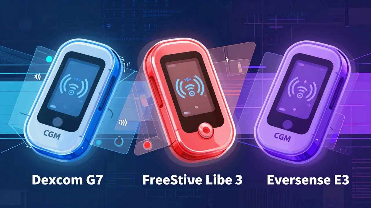 Three abstract CGM devices rendered as mechanical icons with transparent internals, color-coded and arranged diagonally against a data grid.