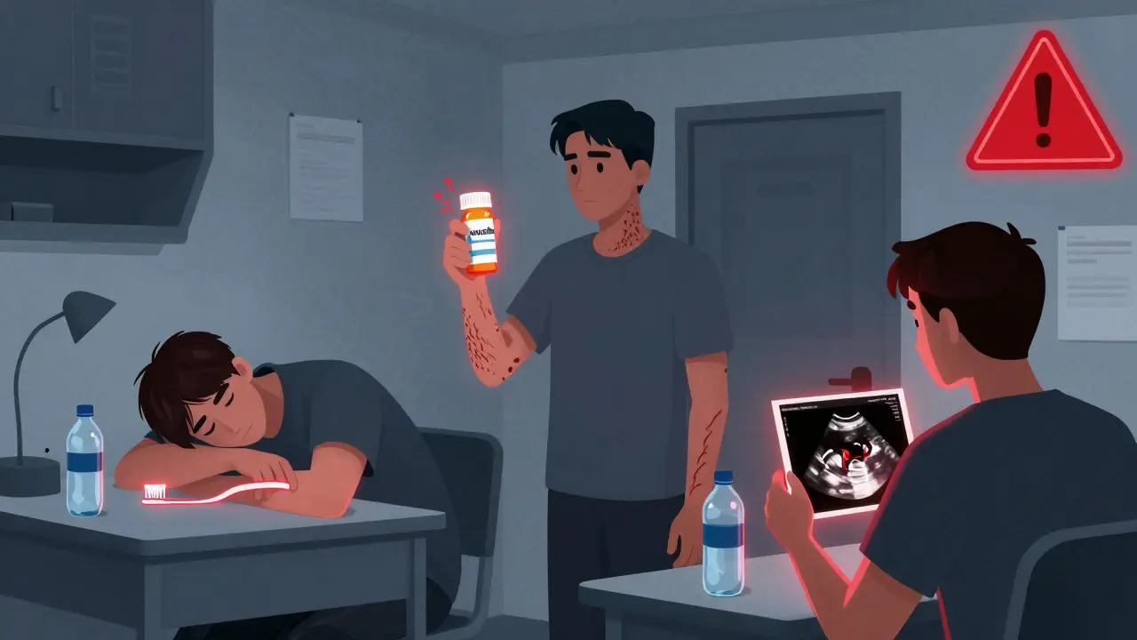 Three students sharing items in a dorm, one developing a rash, another holding an ultrasound of an enlarged spleen.