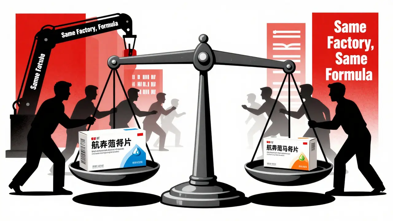 A balanced scale with branded and generic drug boxes, factory arm pushing aside competitors.