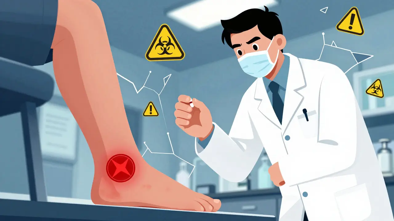 A doctor gives a patient a pill again as a red rash reappears on their ankle in sharp geometric form.