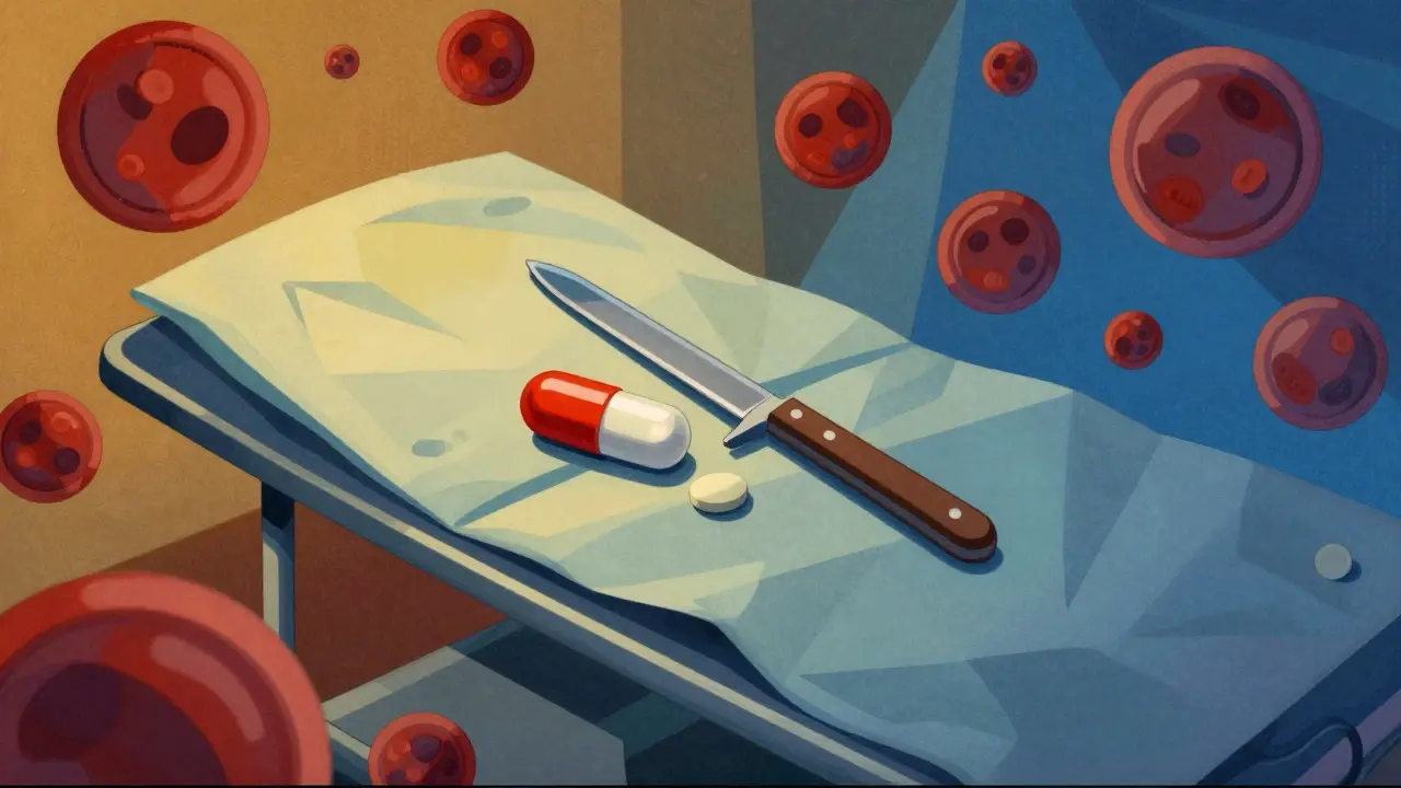 A fish oil capsule and aspirin tablet beside a scalpel on a surgical table, with abstract blood cell shapes and contrasting light zones.