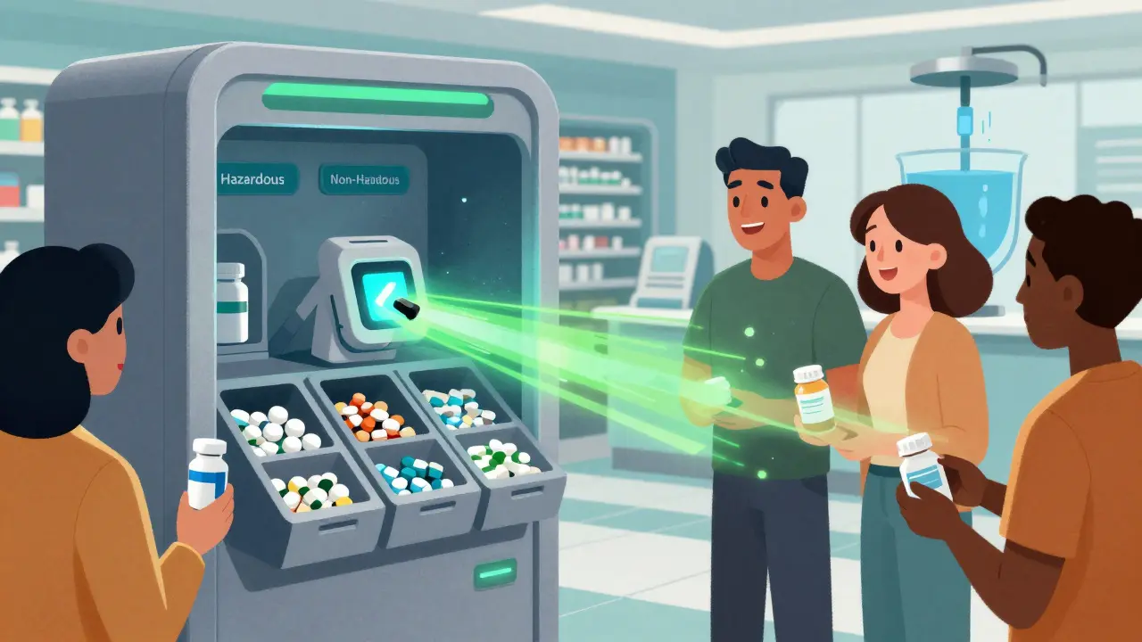 A high-tech medication disposal kiosk in a pharmacy, sorting pills into labeled bins with people handing over prescriptions.