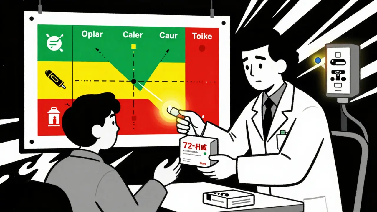 A pharmacist giving emergency medication during a wildfire, with a color-coded decision chart and a spectrometer analyzing a pill.