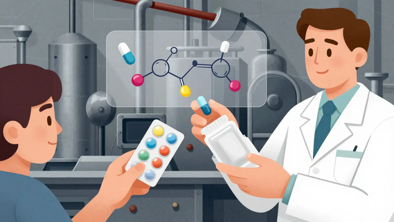 A pharmacist giving two identical pills with a shared chemical structure above them.