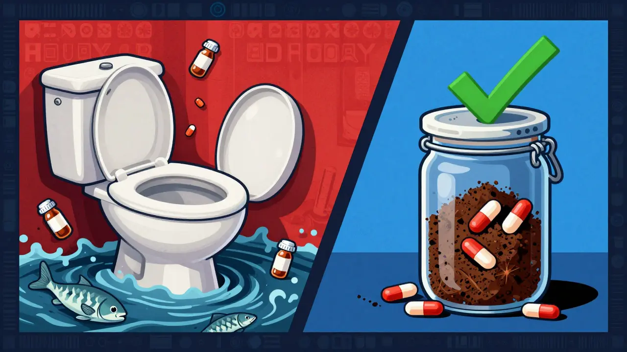 A split image contrasting flushing pills into a polluted river with safe disposal in a sealed container mixed with coffee grounds.