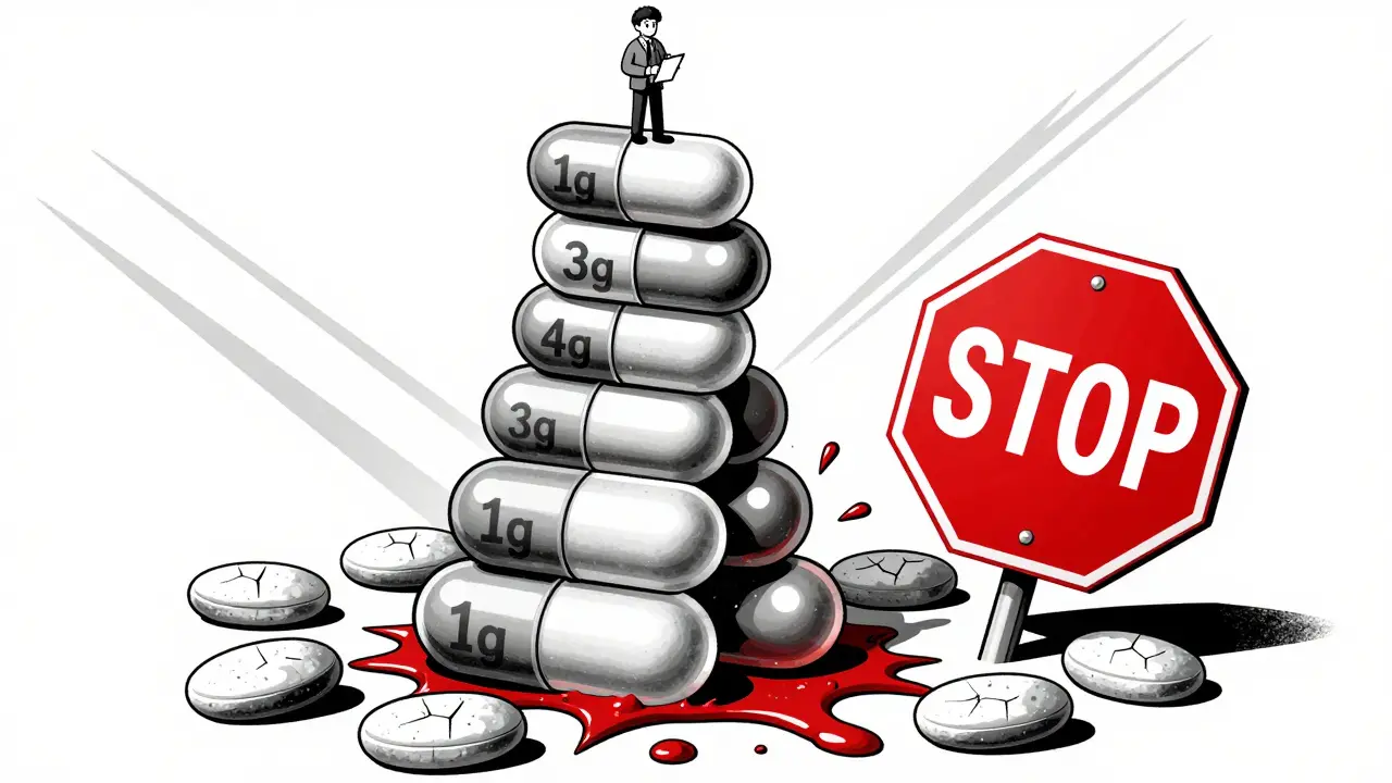 A stack of fish oil capsules of increasing doses with a tiny figure and a red STOP sign emerging from a stylized wound.