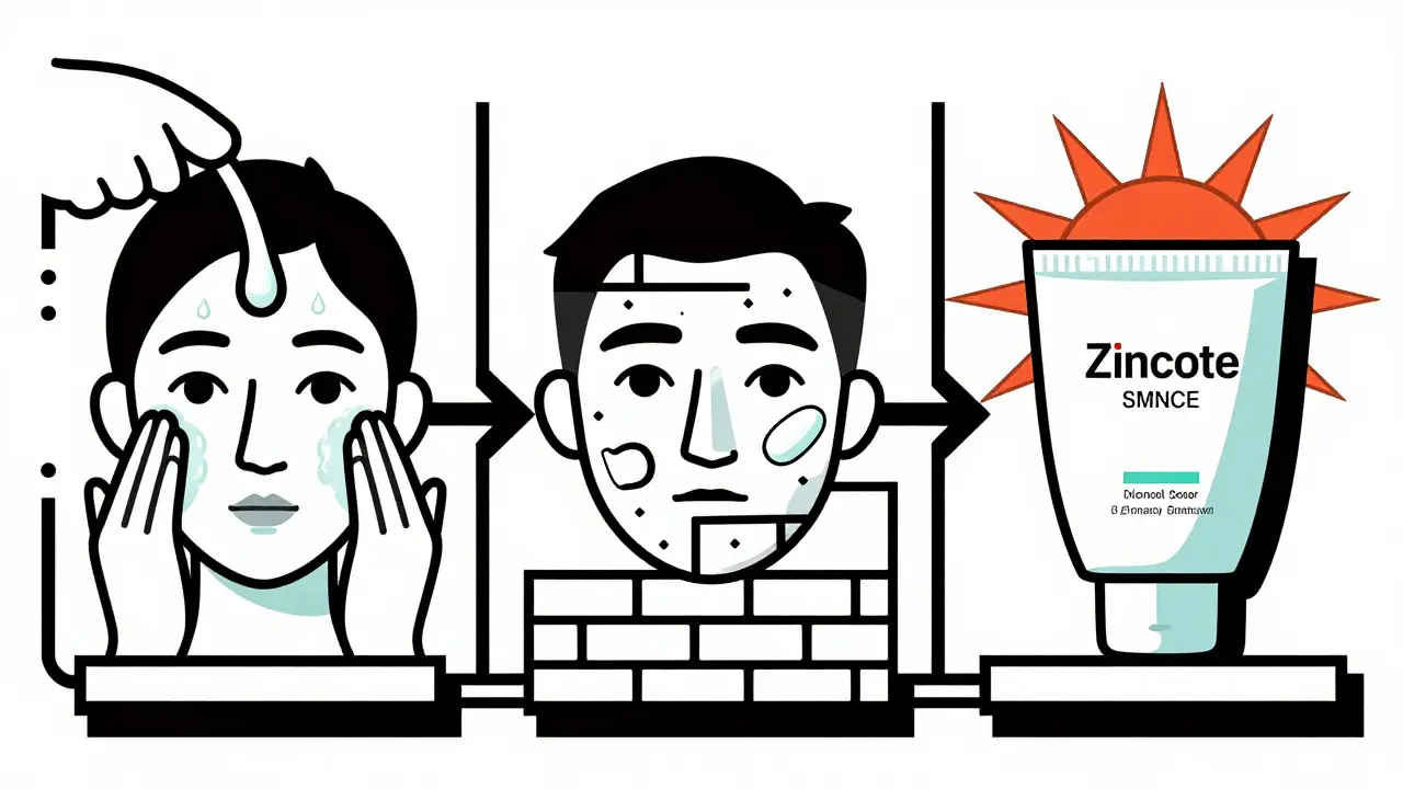 A vertical three-step skincare routine shown as an industrial assembly line with cleanser, moisturizer, and sunscreen.