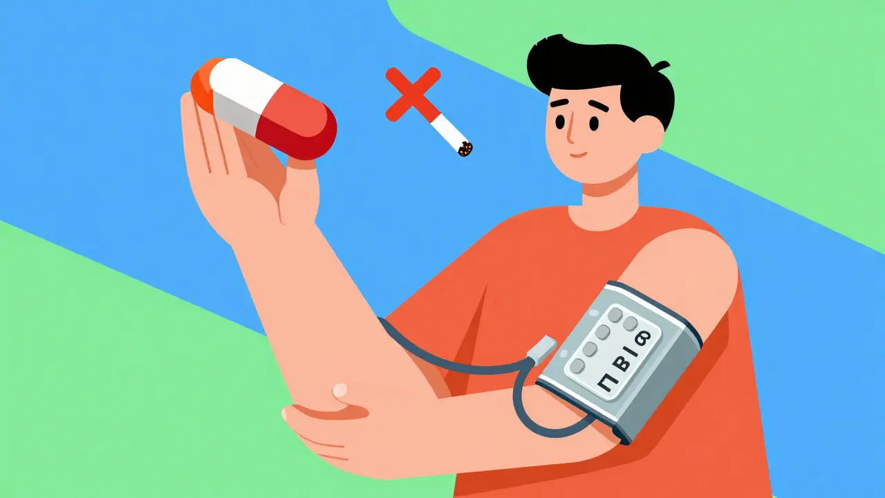 Abstract figure showing smoking cessation, blood pressure control, and healthy diet actions