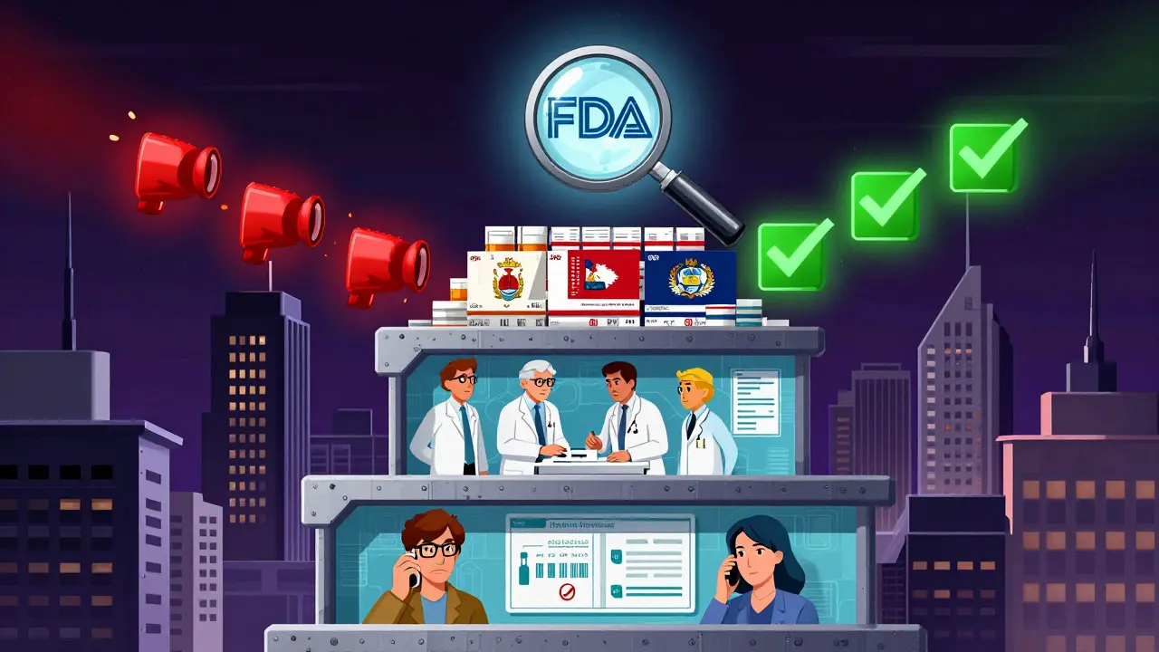 Cityscape showing patient, doctor, insurer, and state actions stacked vertically, with FDA oversight glowing above.