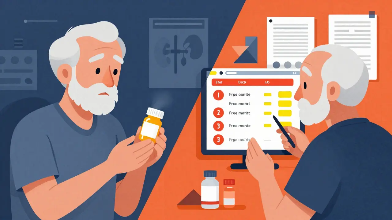 Elderly patient transitions from confusion to clarity as dynamic health alerts appear on an EHR screen.