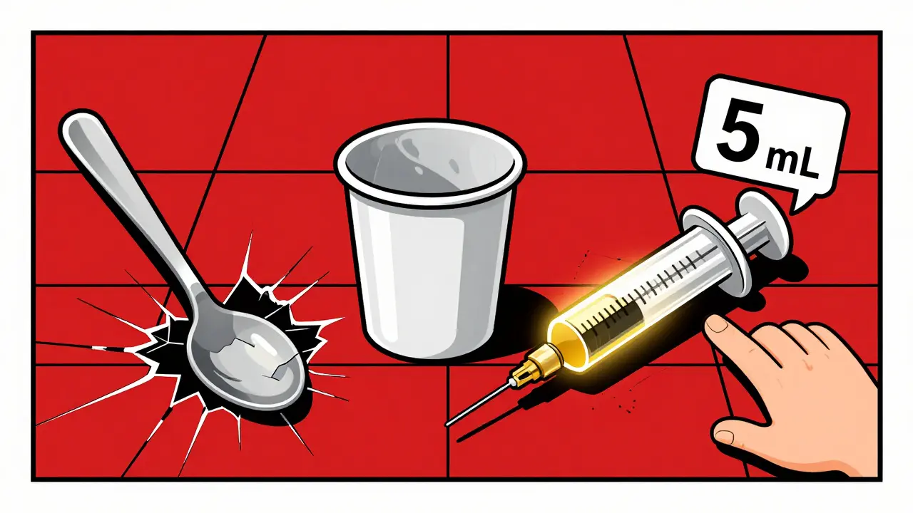 Oral syringe glowing beside cracked kitchen spoon and medication cup on a geometric grid.
