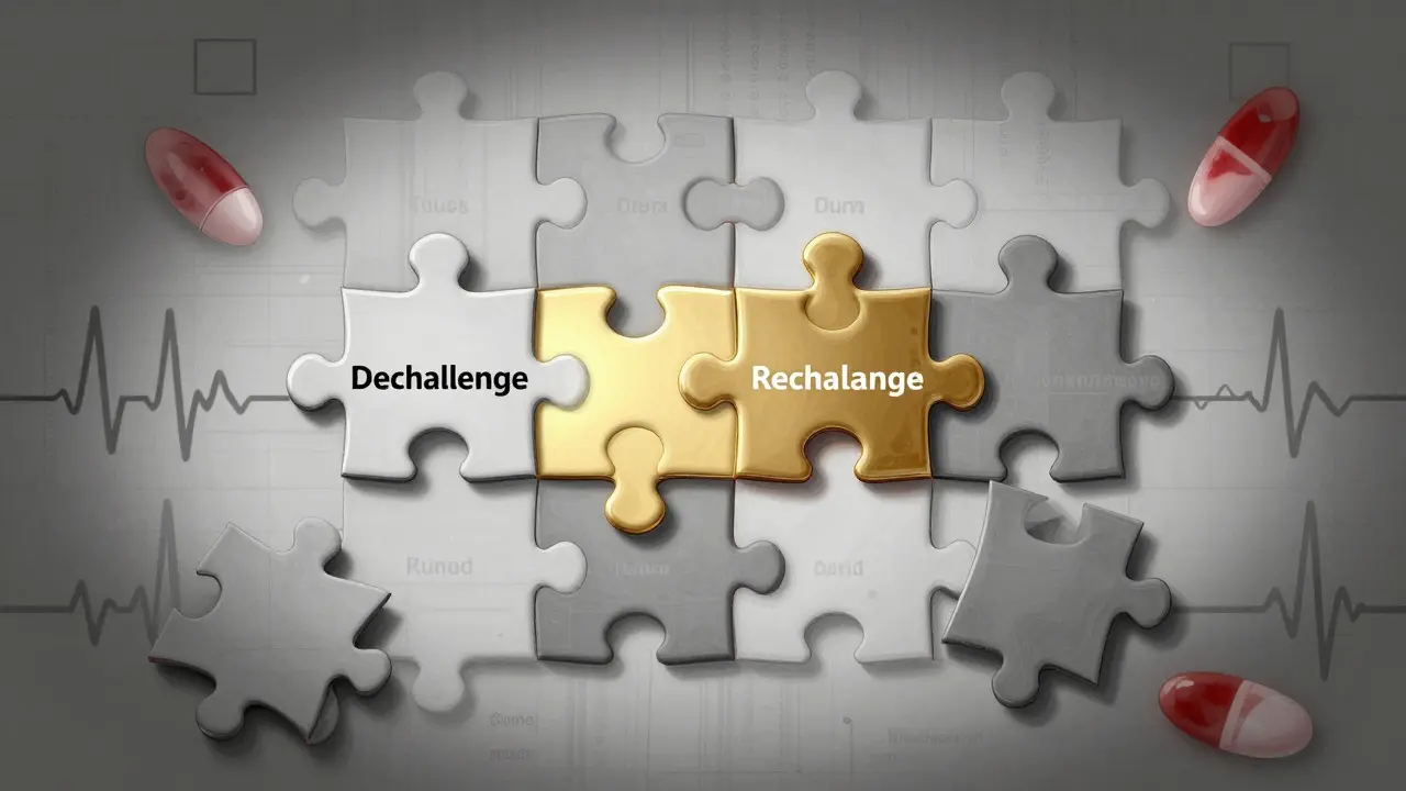 Puzzle pieces labeled with drug reactions lock into place as gold icons, symbolizing dechallenge and rechallenge confirmation.