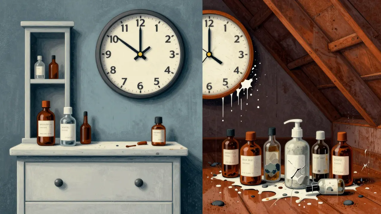 Split image: organized medicine cabinet vs. damaged expired pills in a hot attic, with a clock symbolizing time and decay.