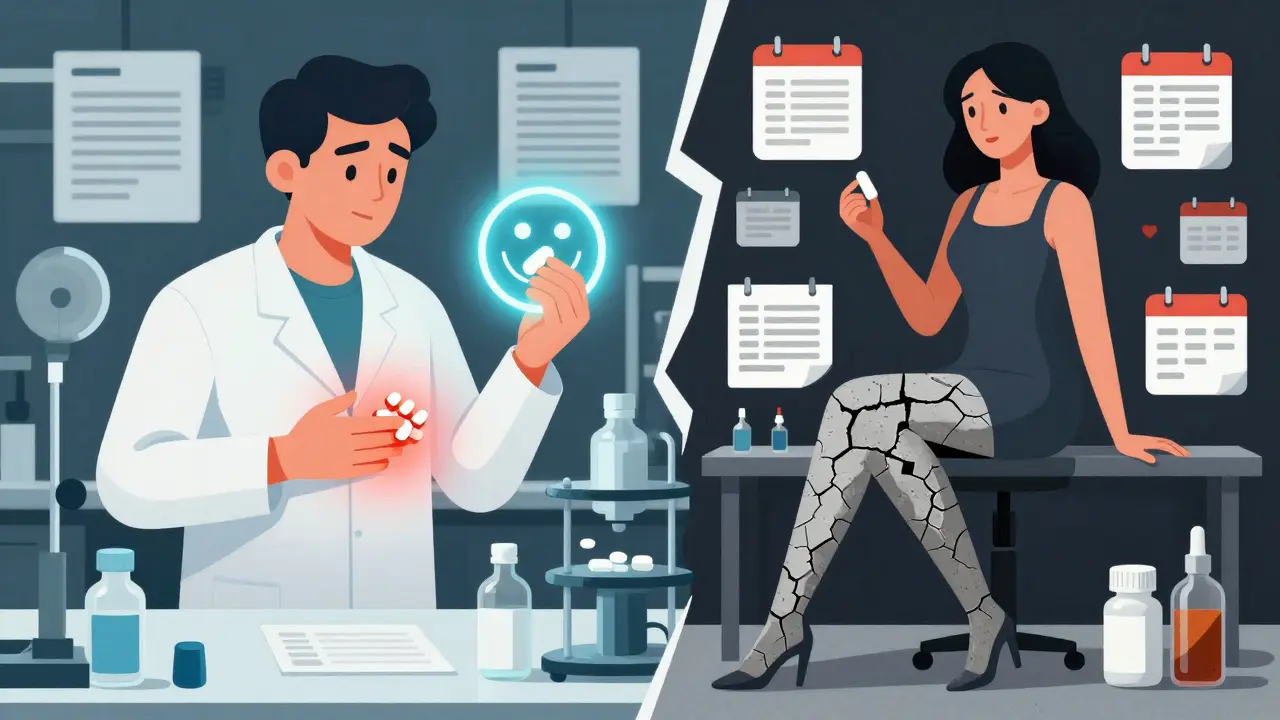 Split scene: a man with a nocebo brain triggering instant muscle pain vs. a woman with slow muscle damage over three weeks from statins.