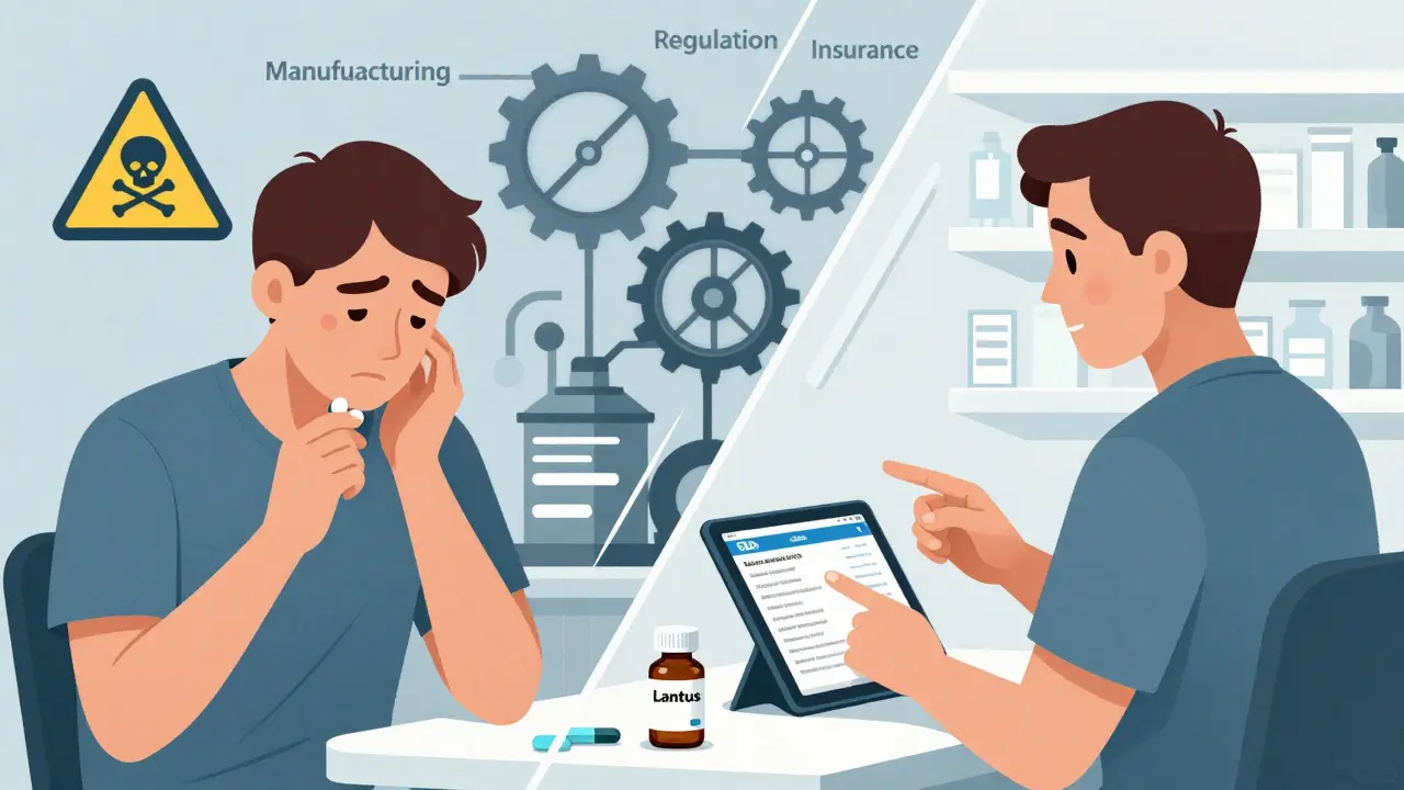 Split scene: patient skipping pills vs. receiving safe alternative from pharmacist with FDA database visible.