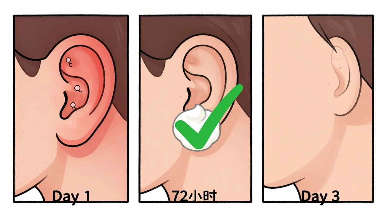 Three-panel illustration showing skin healing over 72 hours during a patch test behind the ear.