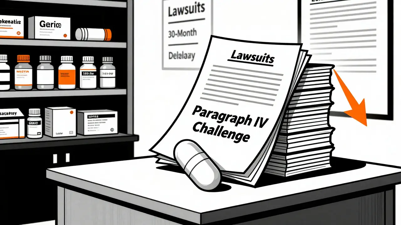 A courtroom scale pits a generic pill against legal documents, symbolizing delays in generic drug approval.