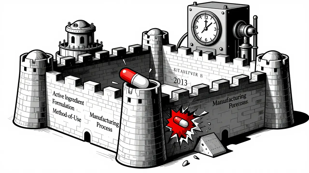 A fortress of layered patents blocks a tiny generic pill, with dates showing 17 years of exclusivity.