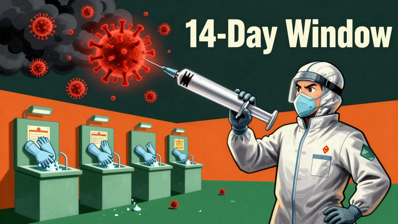A public health worker wielding a vaccine syringe to block a virus cloud labeled '14-Day Window'.
