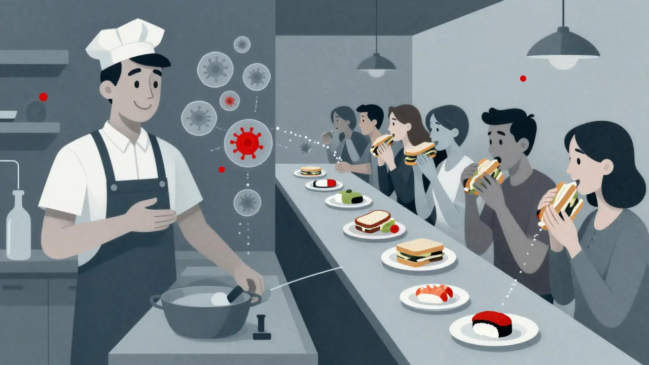 An asymptomatic food worker unknowingly contaminating customers eating ready-to-eat food, shown with invisible virus trails.