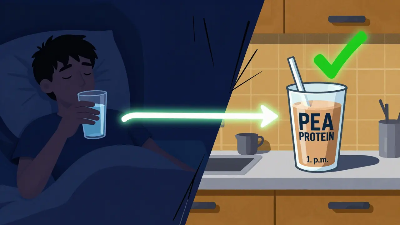 Nighttime thyroid medication dose with protein shake safely consumed hours earlier at lunchtime.