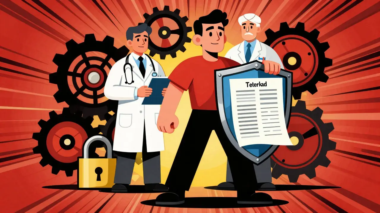 Patient holding document shield against bureaucratic gears