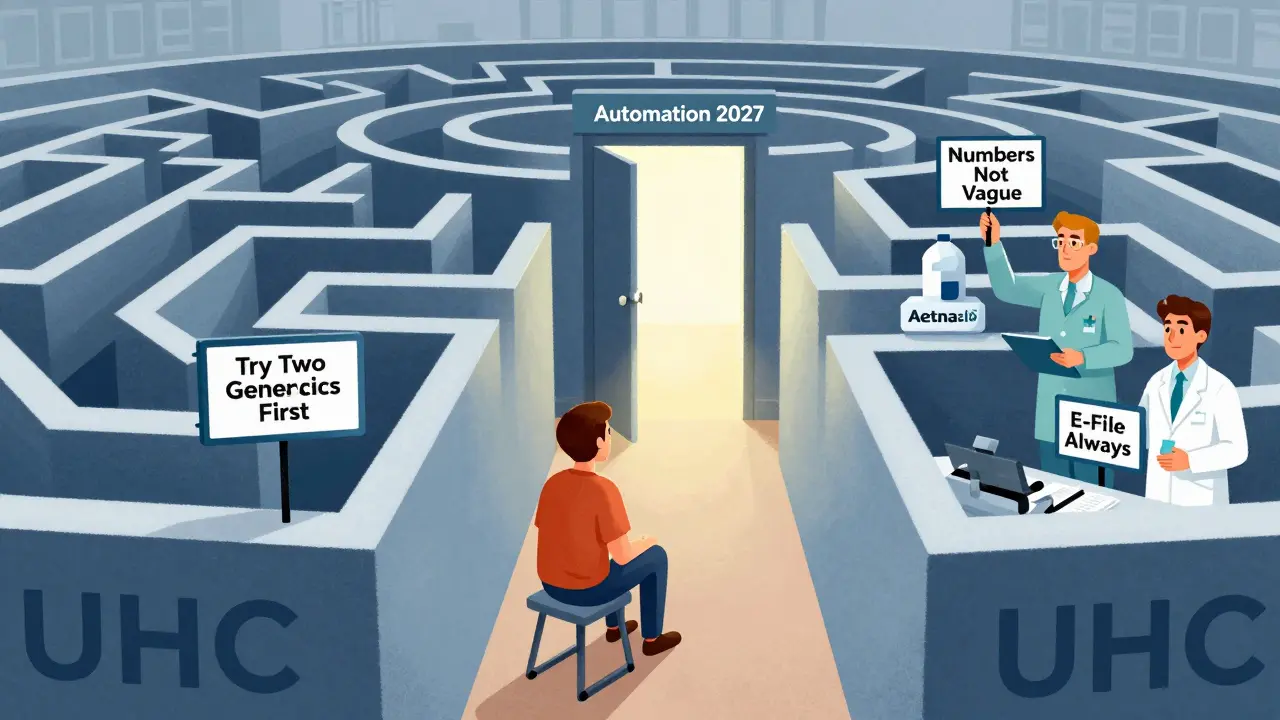 Patient navigating a maze of insurer labels toward a door labeled 'Automation 2027'.